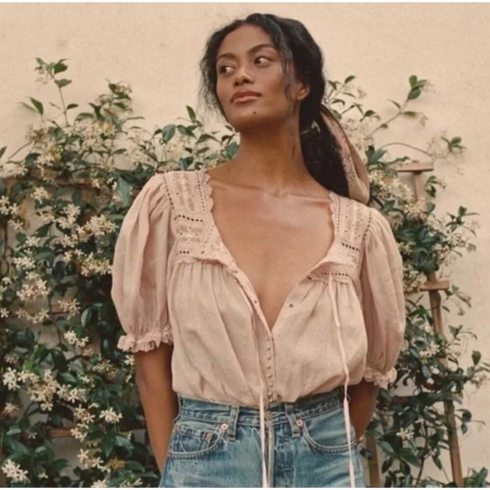 Doen Pink Cotton Eyelet Peasant Blouse